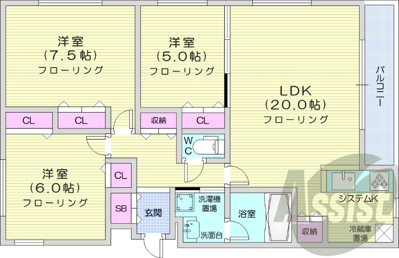 3LDK、オートロック、エアコン、システムキッチン