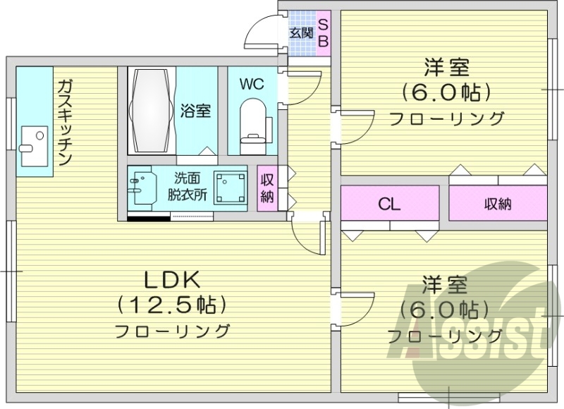 2LDK、ウォシュレット、独立洗面台、シューズボックス