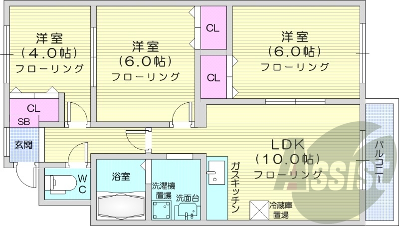 3LDK、バルコニー、ウォシュレット、シャンドレ