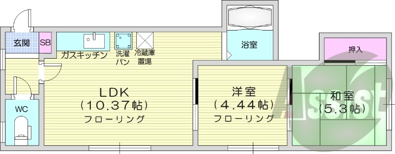 2LDK、灯油暖房、最上階、バストイレ別
