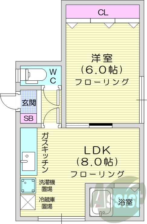 1LDK、都市ガス、バストイレ別、室内洗濯機置場