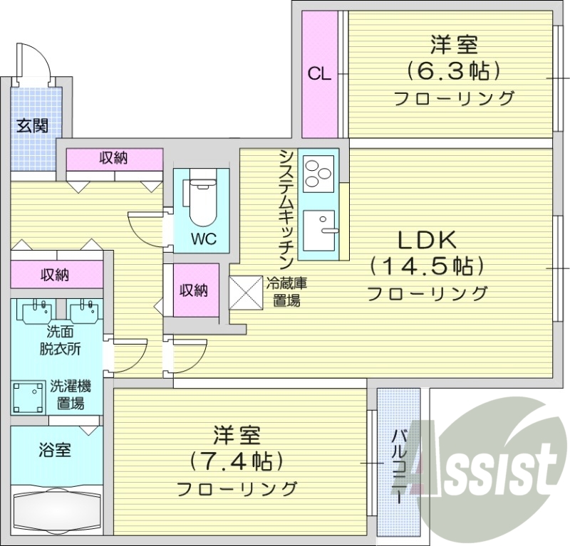 2LDK、都市ガス、ネット無料、システムキッチン