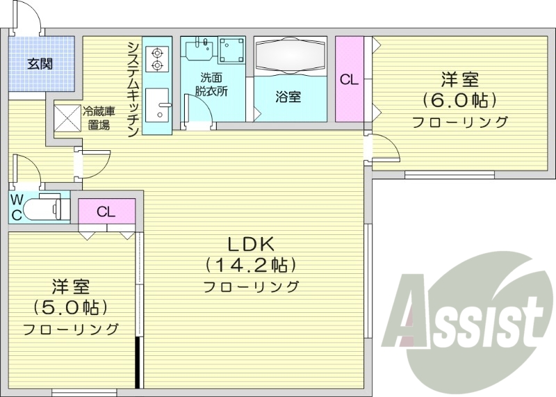 2LDK、エアコン、システムキッチン、追い焚き、ネット無料