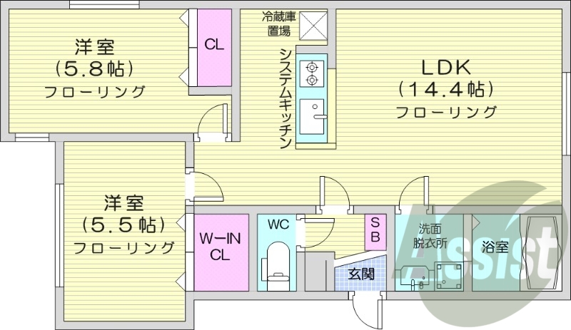 2LDK、エアコン、追い焚き、システムキッチン