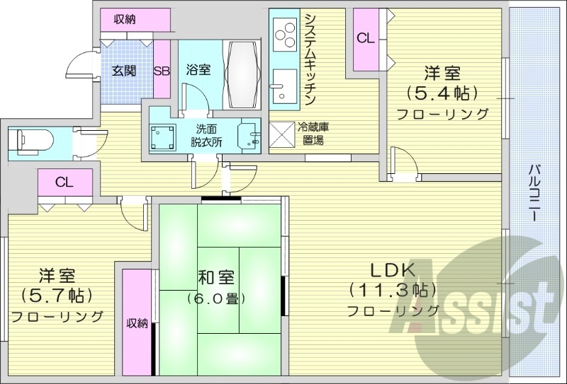 3LDK、都市ガス、システムキッチン、エアコン