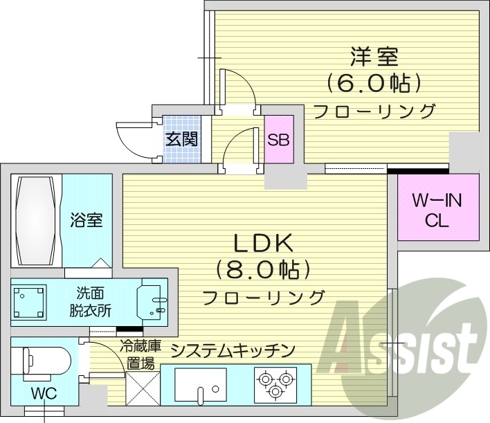 1LDK、角部屋、TVモニターホン、システムキッチン