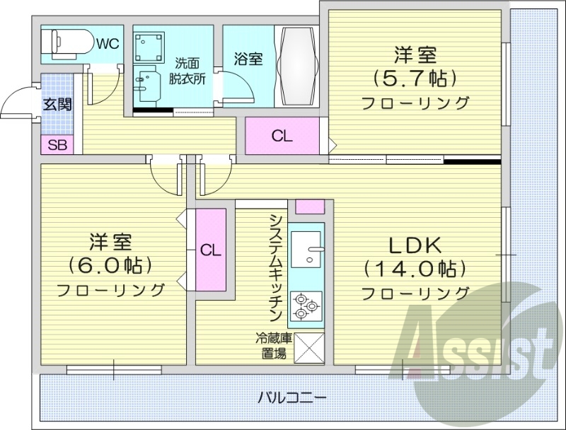 2LDK、システムキッチン、光ファイバー、宅配ボックス
