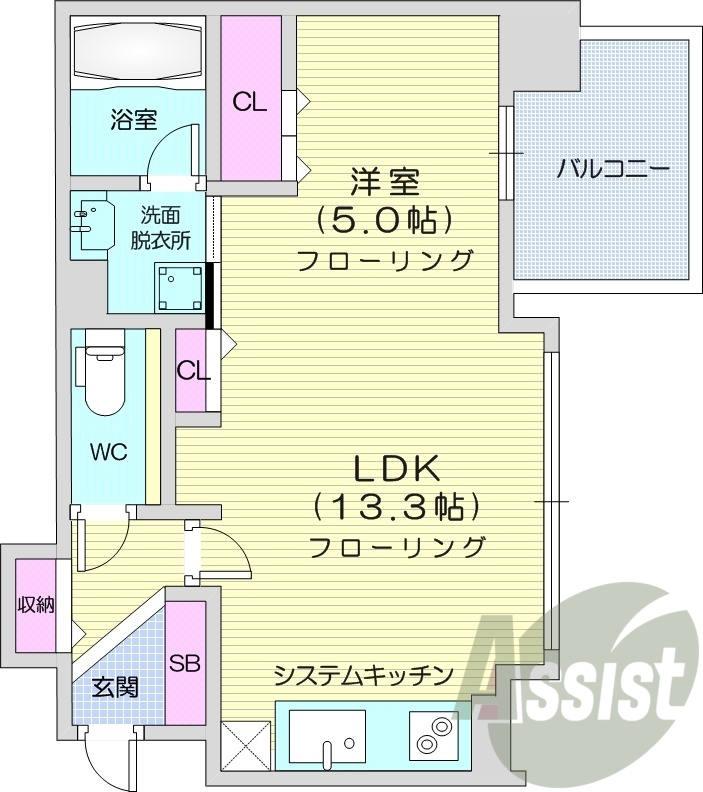 1LDK、分譲、都市ガス、システムキッチン、追い焚き