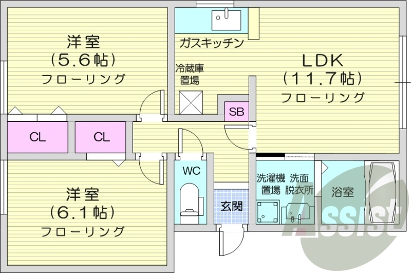 2LDK、シャンプードレッサー、浴室乾燥機、灯油FF暖房