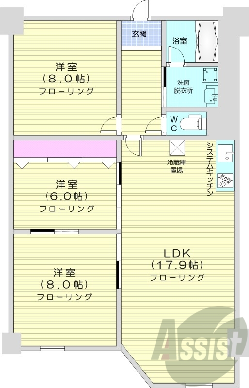 3LDK、収納、洗濯機置場、バストイレ別