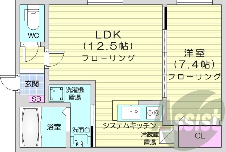 1LDK、都市ガス、エアコン、システムキッチン、独立洗面台