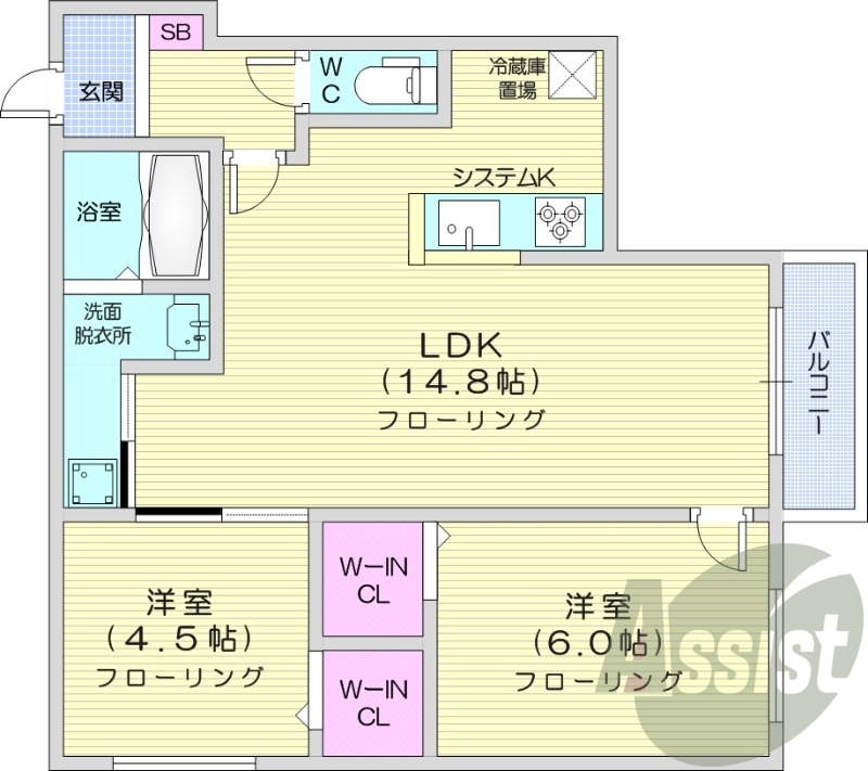 2LDK、都市ガス、エアコン、システムキッチン