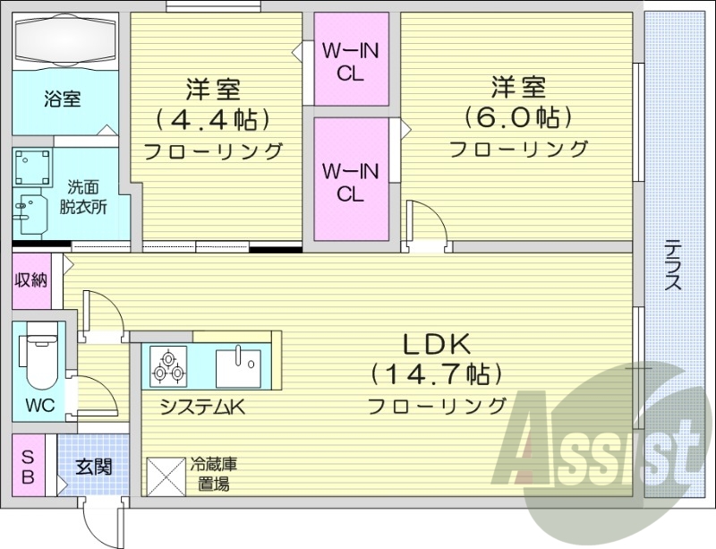 2LDK、都市ガス、エアコン、システムキッチン