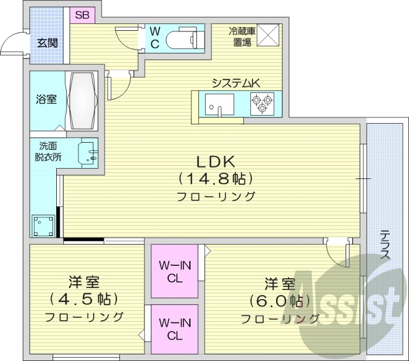 2LDK、都市ガス、エアコン、システムキッチン