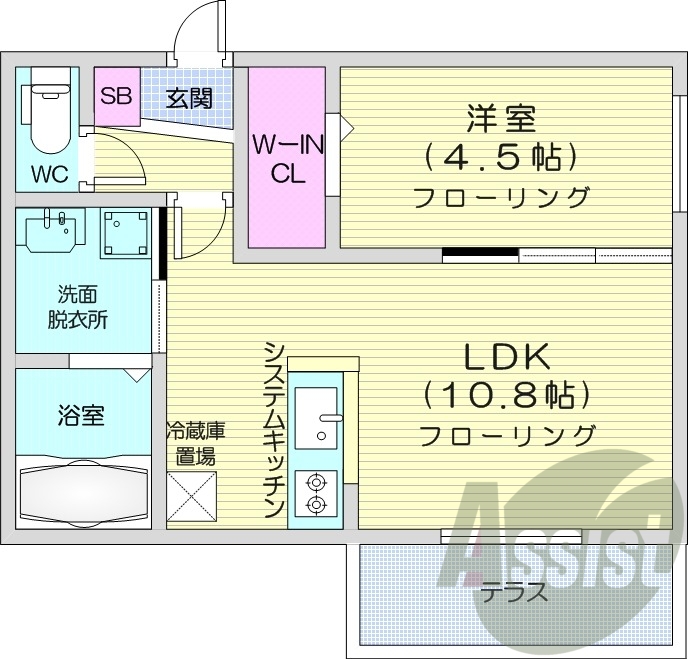 1LDK、都市ガス、エアコン、システムキッチン