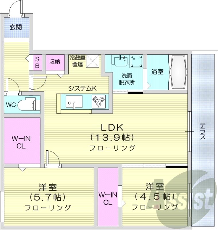 2LDK、都市ガス、エアコン、システムキッチン