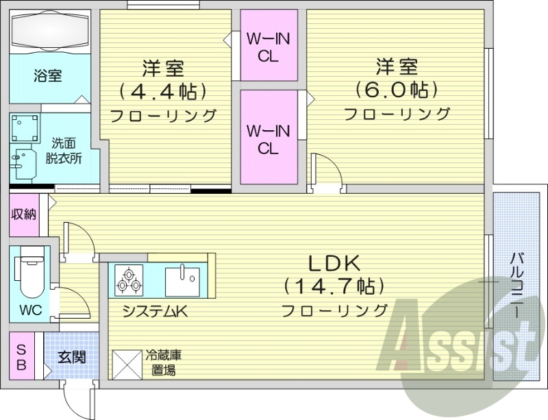 2LDK、都市ガス、エアコン、システムキッチン