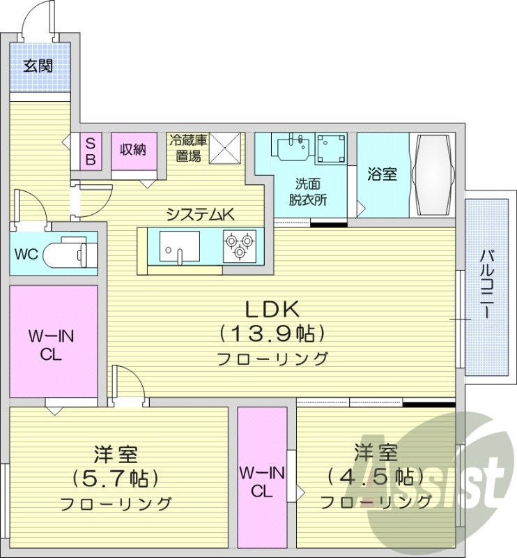 2LDK、都市ガス、エアコン、システムキッチン