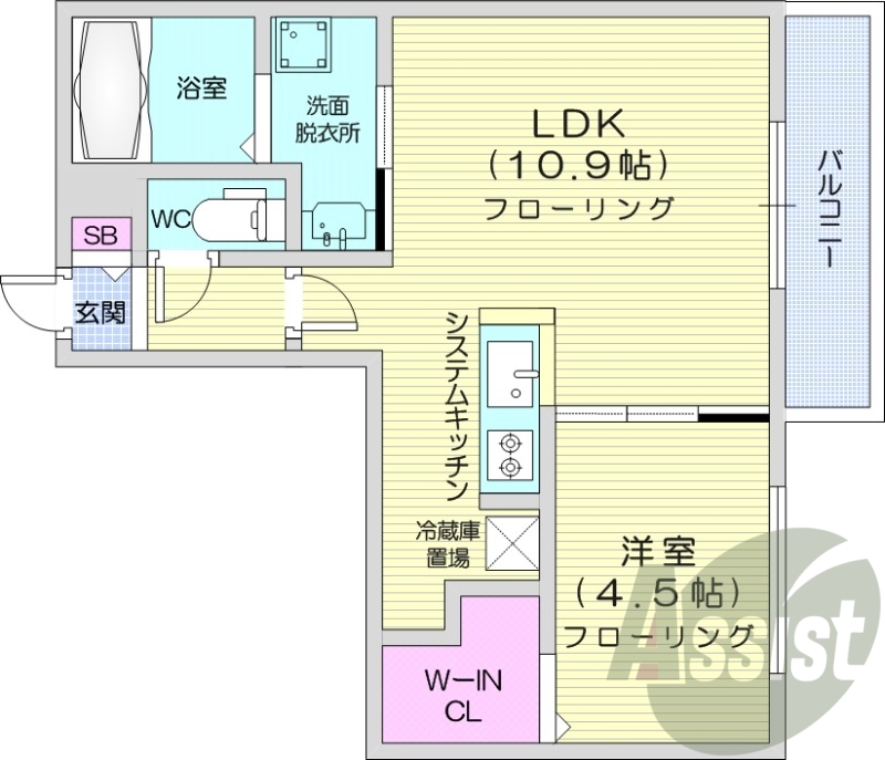1LDK、都市ガス、エアコン、システムキッチン