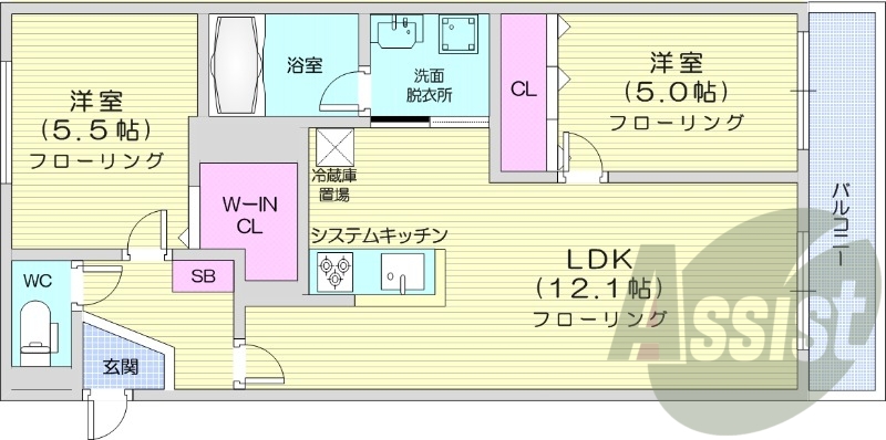 2LDK、都市ガス、エアコン、システムキッチン