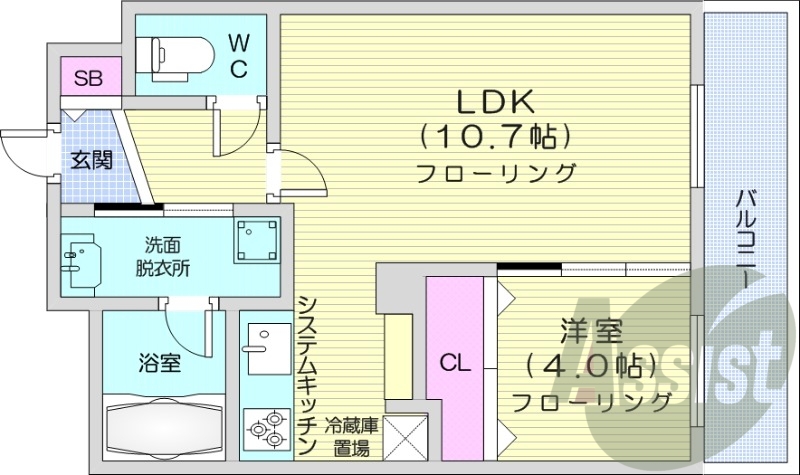 1LDK、都市ガス、エアコン、システムキッチン