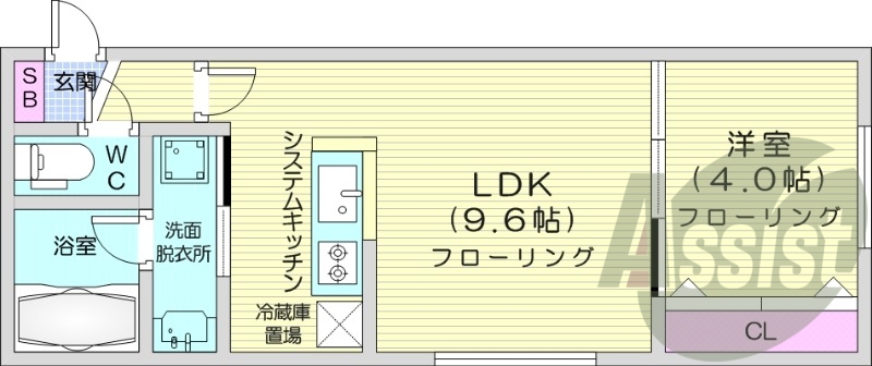 1LDK、エアコン、システムキッチン、ネット無料
