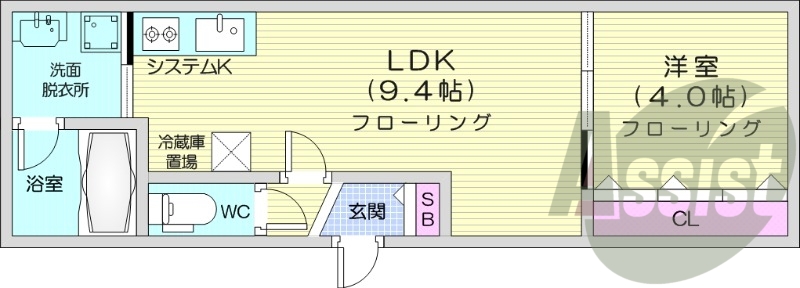 1LDK、エアコン、システムキッチン、ネット無料