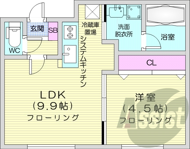 1LDK、都市ガス、エアコン、システムキッチン