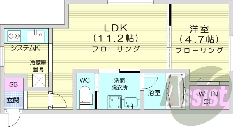 1LDK、都市ガス、エアコン、システムキッチン