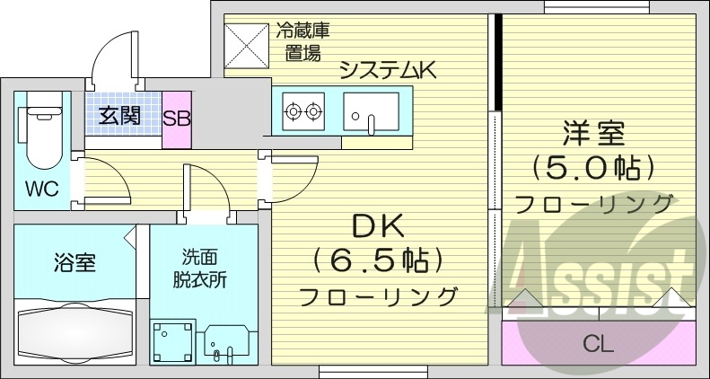 1DK、エアコン、システムキッチン、浴室乾燥機