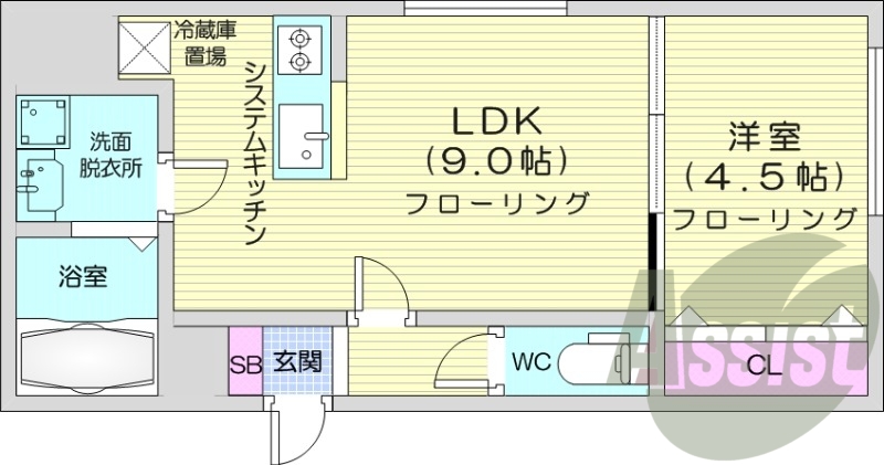 1LDK、エアコン、システムキッチン、浴室乾燥機