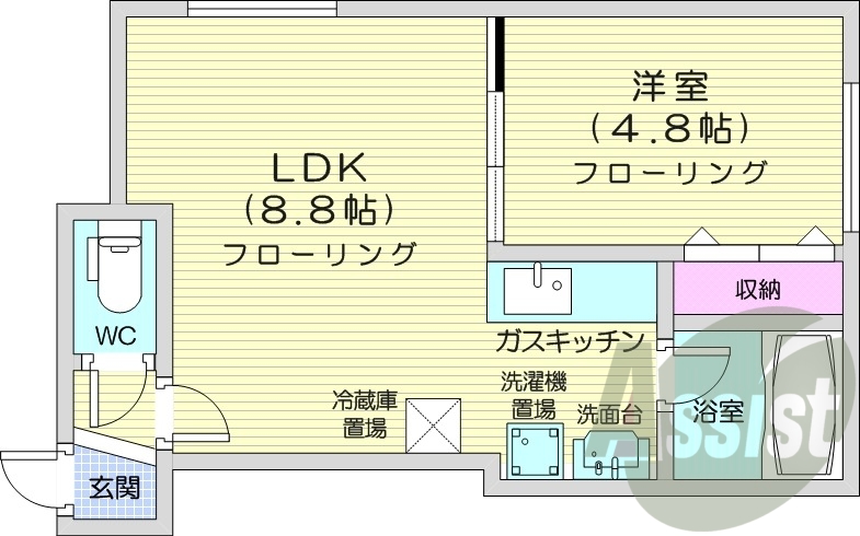 １LDK、エアコン、光ファイバー、カメラ付きインターホン