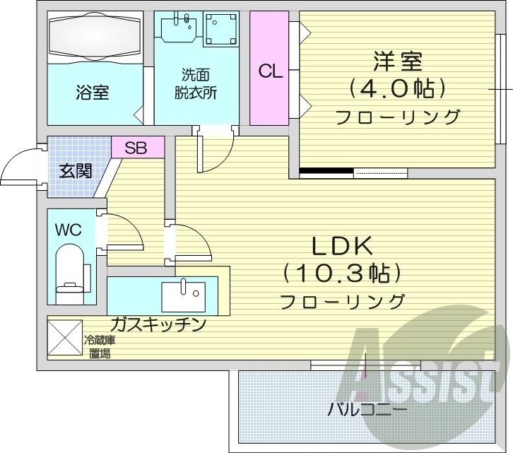 1LDK、都市ガス、バストイレ別、エアコン