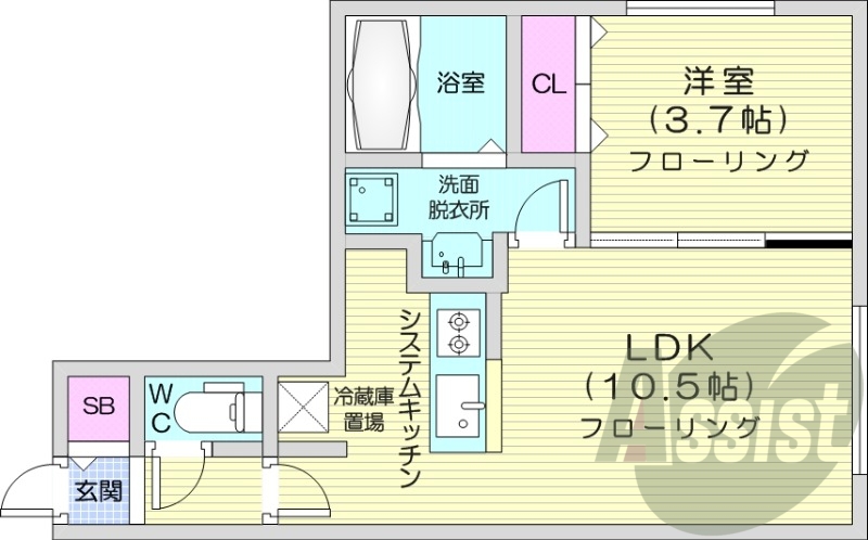 1LDK、都市ガス、エアコン、浴室乾燥機、ネット無料