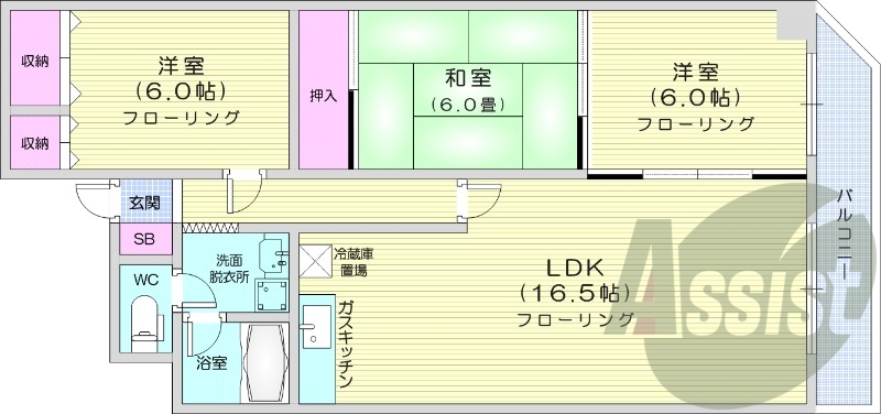 3LDK、エアコン、灯油暖房、トイレ風呂別、ケーブルTV