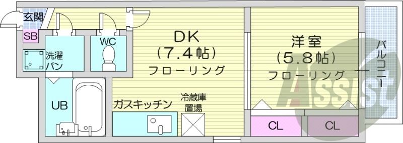 1DK、灯油暖房、オートロック、バストイレ別