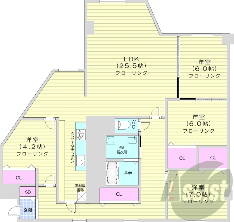 4LDK、収納、洗濯機置場、都市ガス、バストイレ別