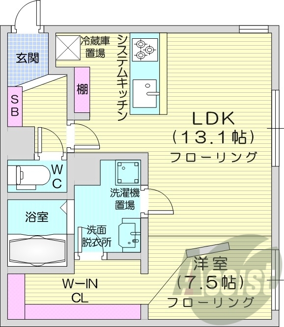 1LDK、都市ガス、追い炊き、システムキッチン、独立洗面台