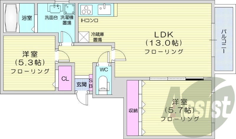 2LDK、オートロック、角部屋、独立洗面台