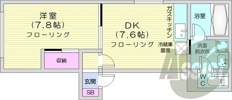 1DK、バストイレ別、ガスFF暖房、ネット無料