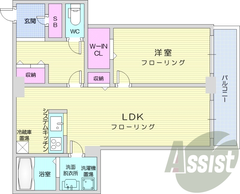 1LDK、分譲、システムキッチン、浴室乾燥機、バルコニー