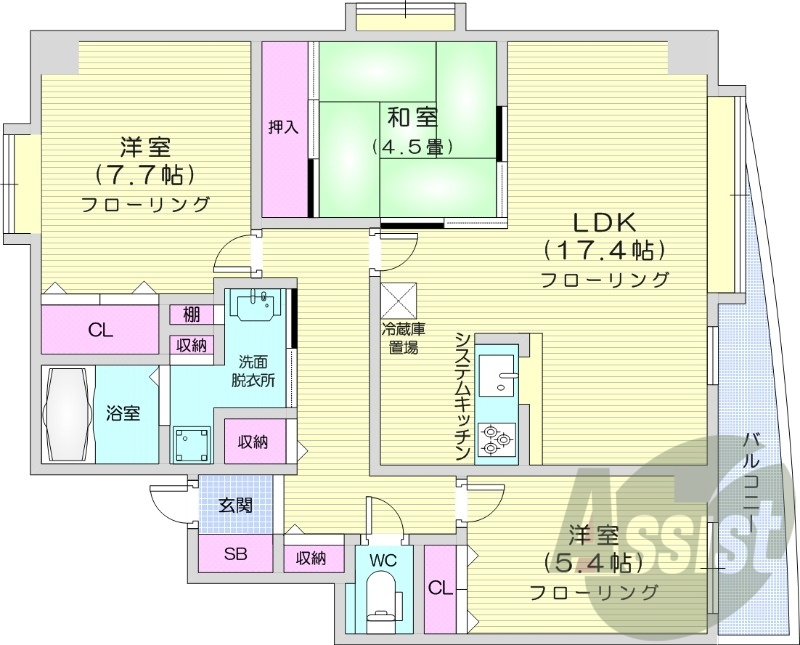 3LDK、灯油暖房、バストイレ別、独立洗面台