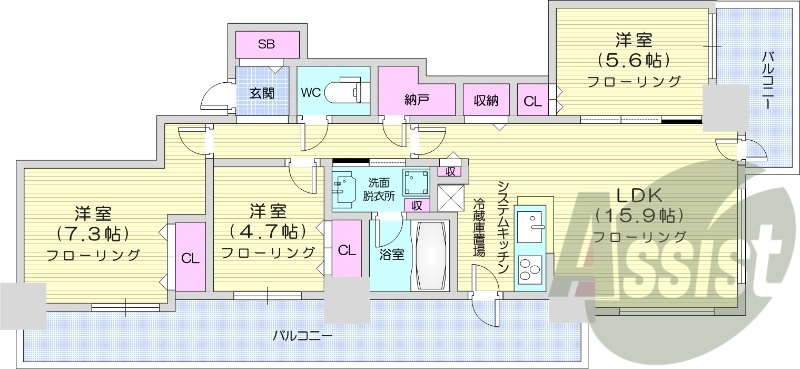 3LDK、都市ガス、追い焚き、浴室乾燥、システムキッチン