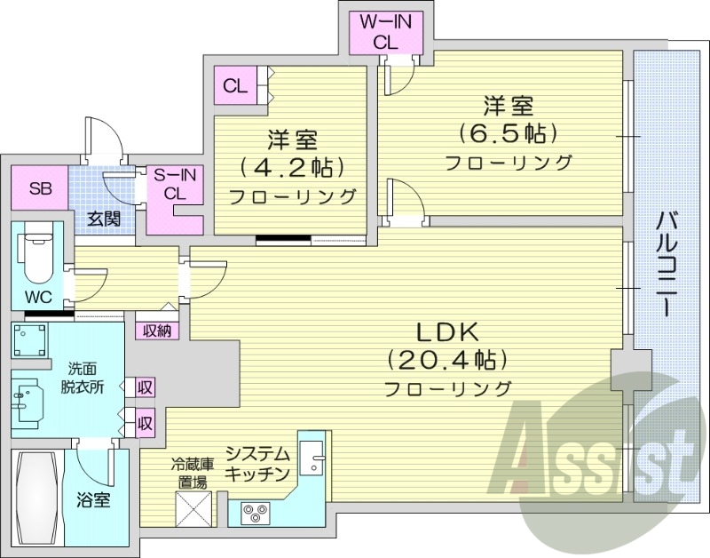 2LDK、都市ガス、追い焚き、浴室乾燥、システムキッチン