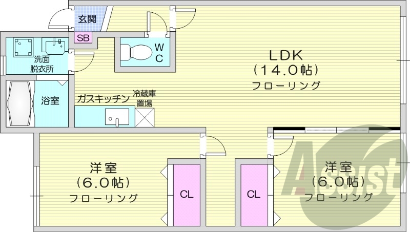 2LDK、灯油暖房、シャンプードレッサー、トイレ風呂別