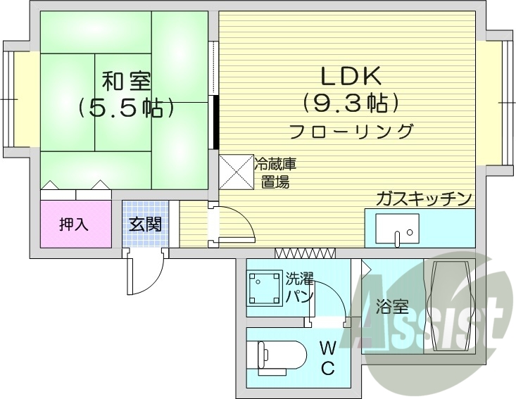 1LDK、都市ガス、室内洗濯機置場、モニター付きインターホン