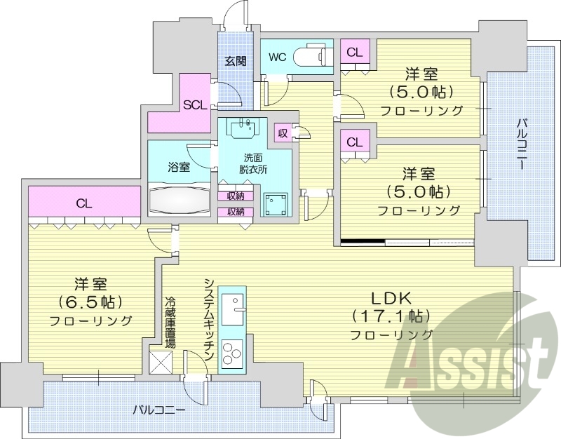 3LDK、都市ガス、追い焚き、浴室乾燥、システムキッチン