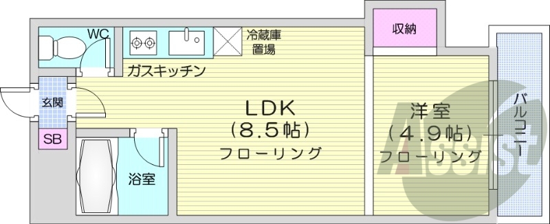 1LDK、都市ガス、ガス暖房、ネット無料