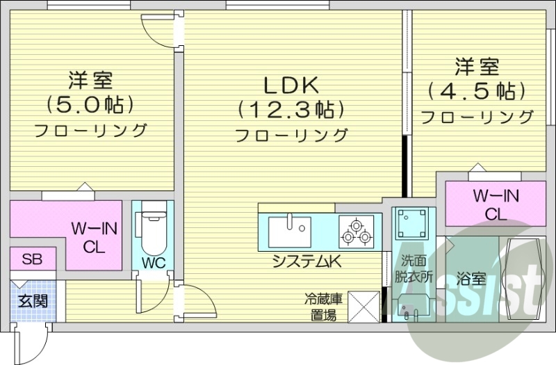 2LDK、都市ガス、エアコン、浴室乾燥機、システムキッチン