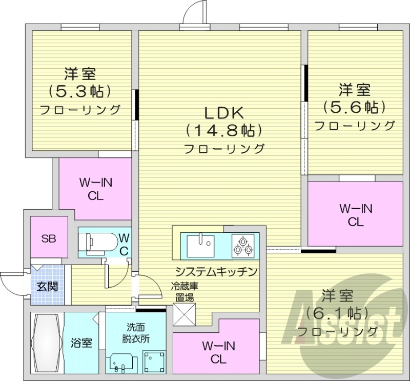 3LDK、都市ガス、エアコン、システムキッチン、独立洗面台